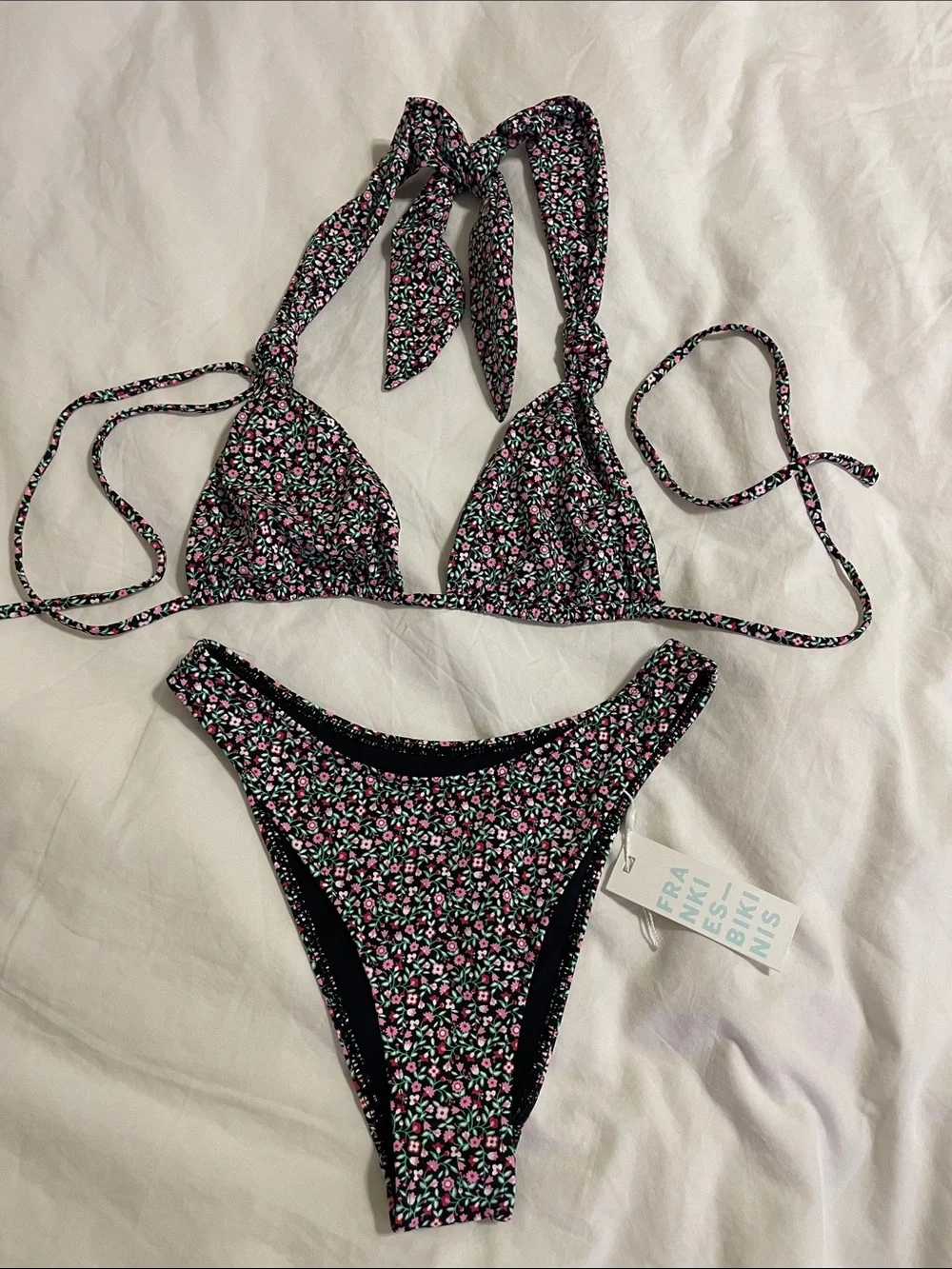 Frankie's Bikinis Triangle Top with Pink & Green Floral Print and Dove Bottom